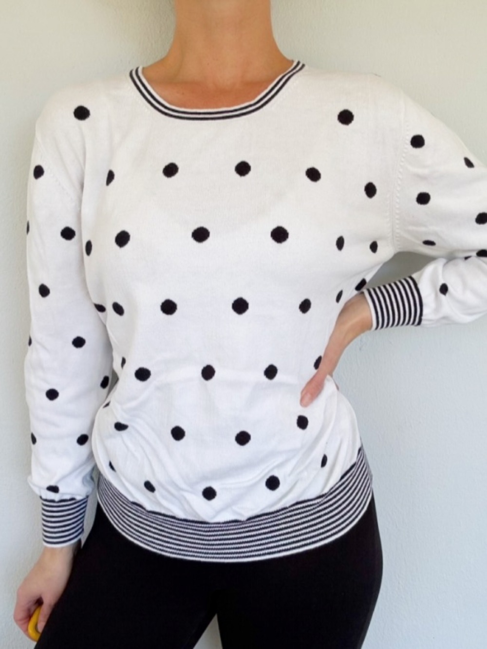 Evelyn & Arthur white black polka dot print crewneck cotton sweater size large